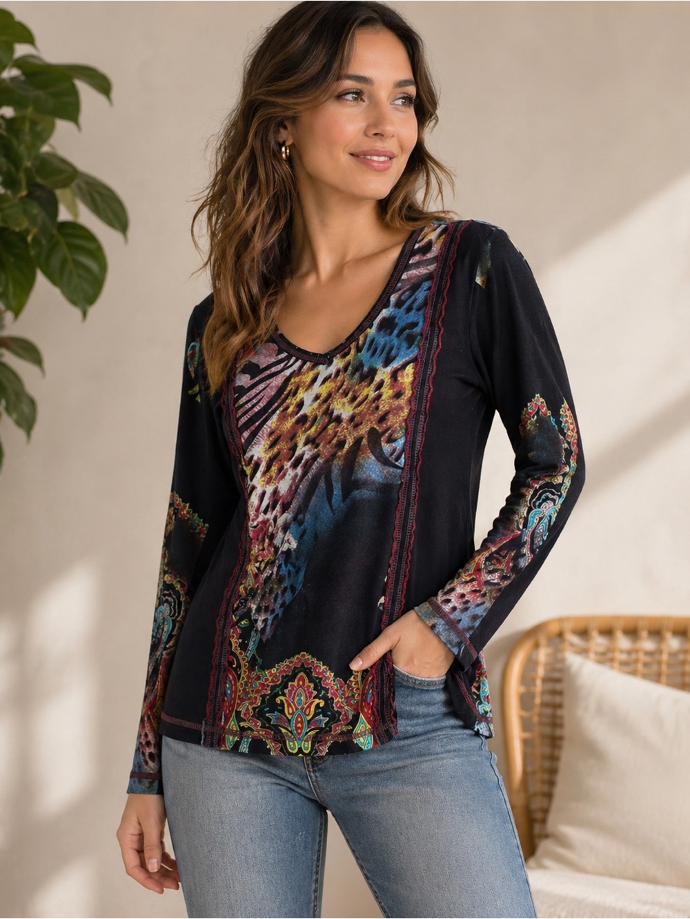 Parsley & Sage Boho Patchwork Tee | 100% Cotton | Size Small